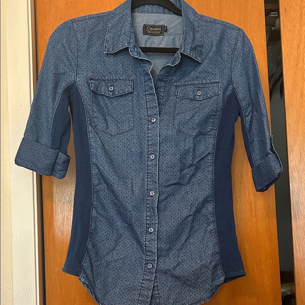 Cavalini Two-Tone Blue Denim Button-Up Shirt